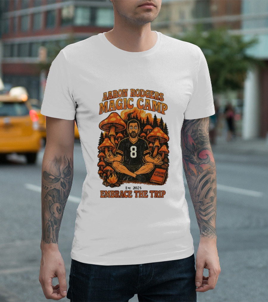 Aaron Rodgers Magic Camp Embrace The Trip Steelers Playbook Vintage 2025 Psychedelic Meditation Mushrooms T-Shirt