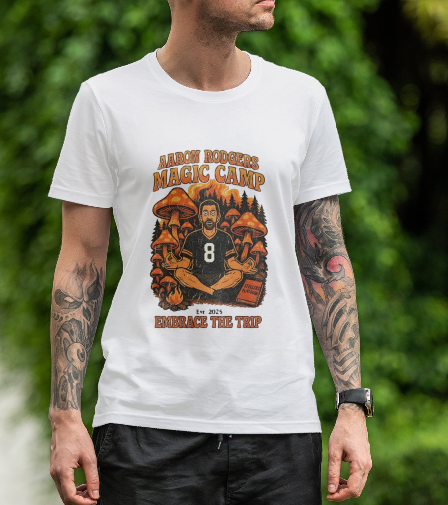 Aaron Rodgers Magic Camp Embrace The Trip Steelers Playbook Vintage 2025 Psychedelic Meditation Mushrooms T-Shirt