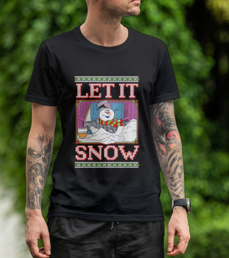 Let It Snow Christmas Snowman With Snow And Drink Scene T-Shirt