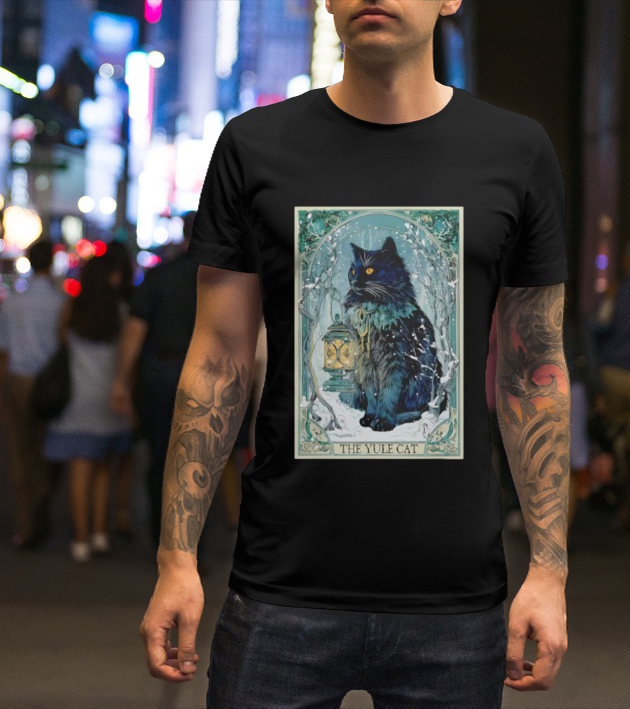 Creepmas Vintage The Yule Cat Tarot Card Lantern Snowy Dark Christmas T-Shirt
