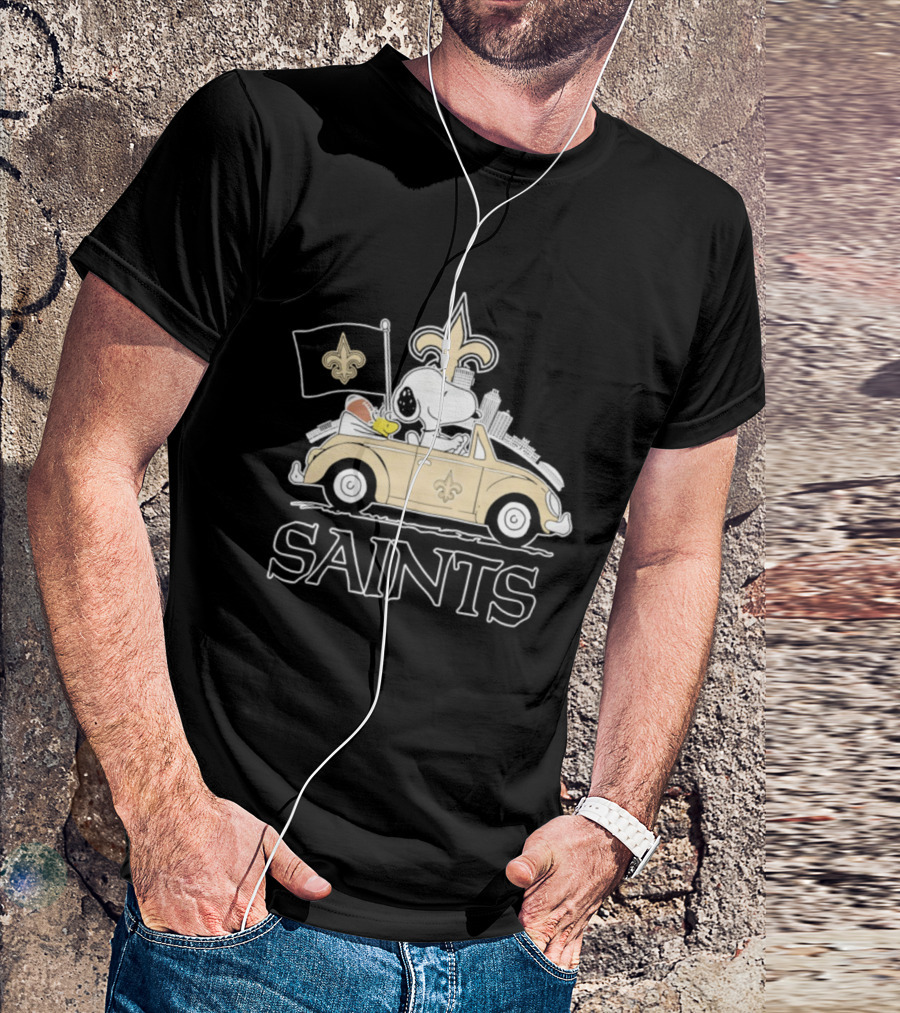 New Orleans Saints Snoopy Woodstock Car Driving Football Fan T-Shirt