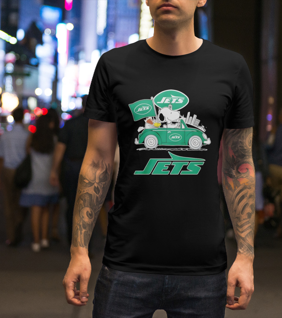 New York Jets Snoopy And Woodstock Driving City Adventure T-Shirt