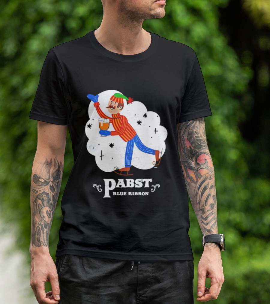 Pabst Blue Ribbon Vintage Holiday Ice Skating Elf T-Shirt