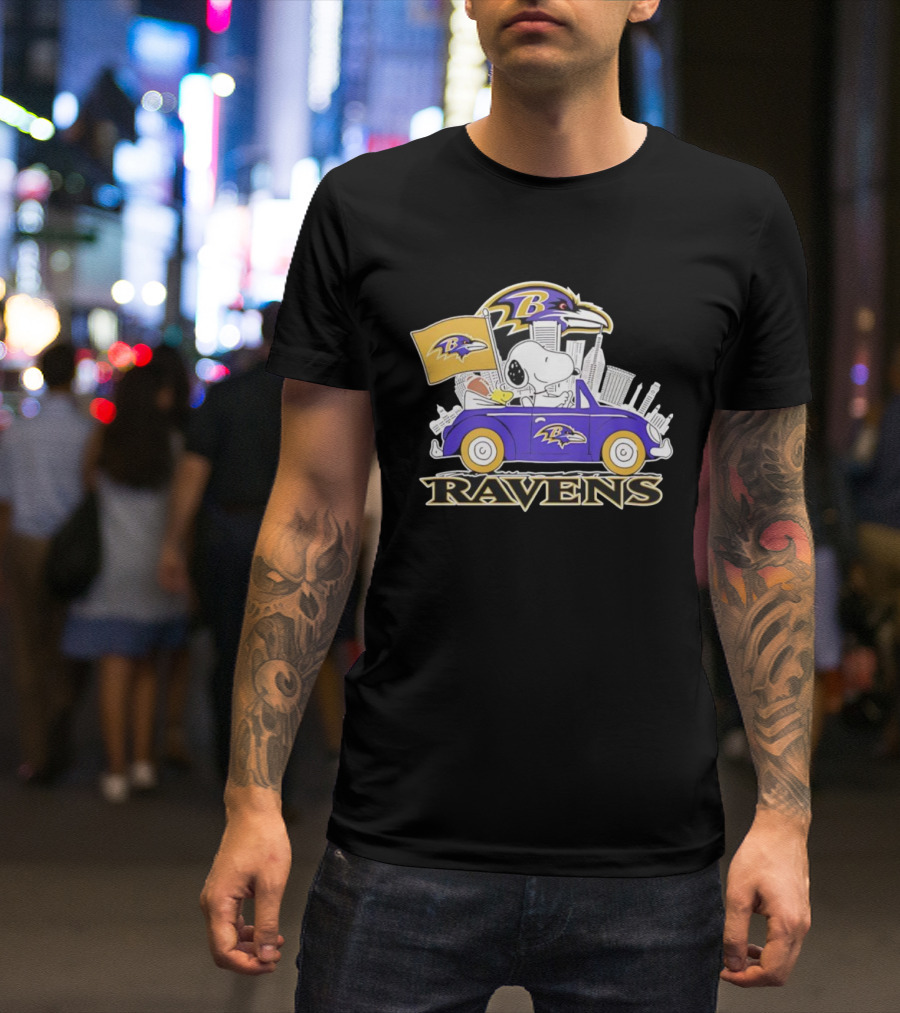 Snoopy Driving Baltimore Ravens Car Peanuts Collaboration With Flag And Raven Logo T-Shirt