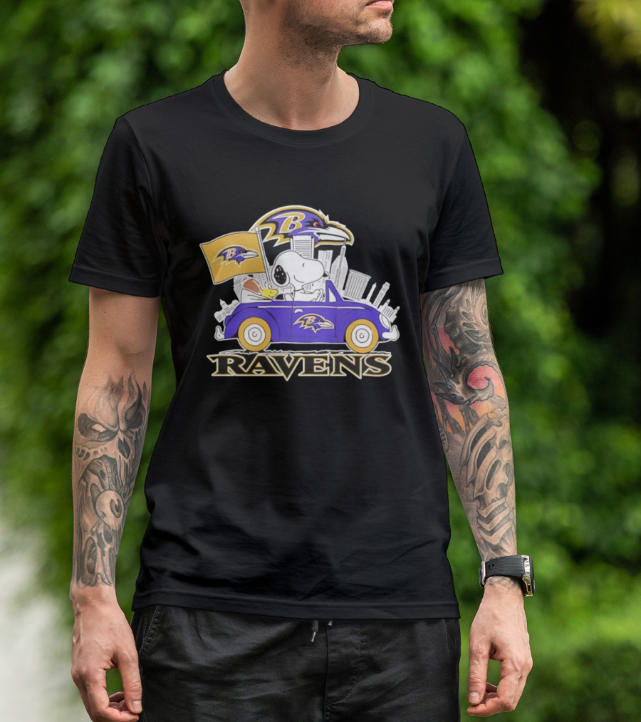 Snoopy Driving Baltimore Ravens Car Peanuts Collaboration With Flag And Raven Logo T-Shirt