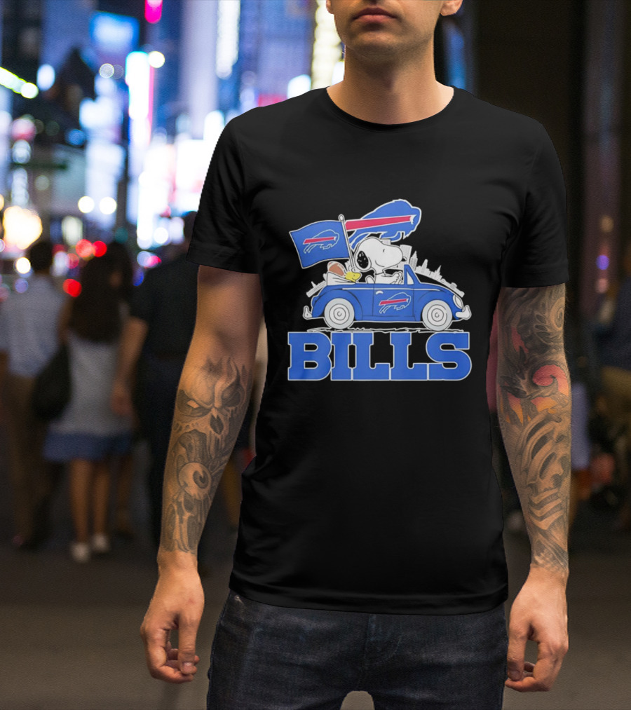 Peanuts Buffalo Bills Driving Car With Flag And Football T-Shirt