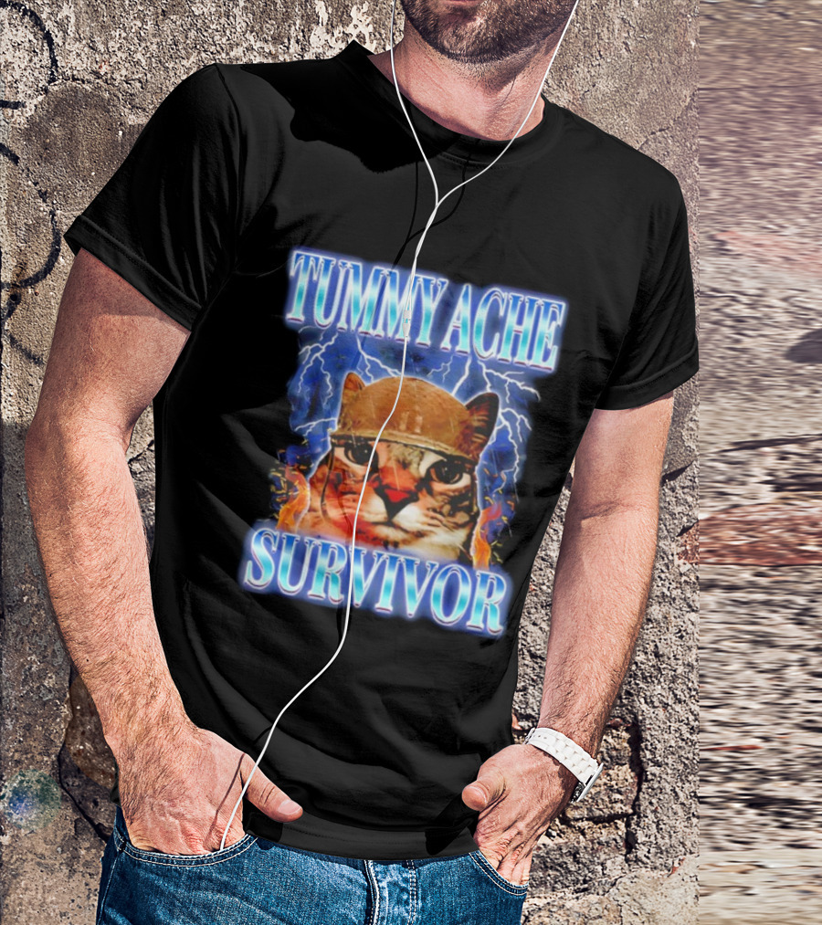 Tummy Ache Survivor Cat Meme Lightning Background T-Shirt