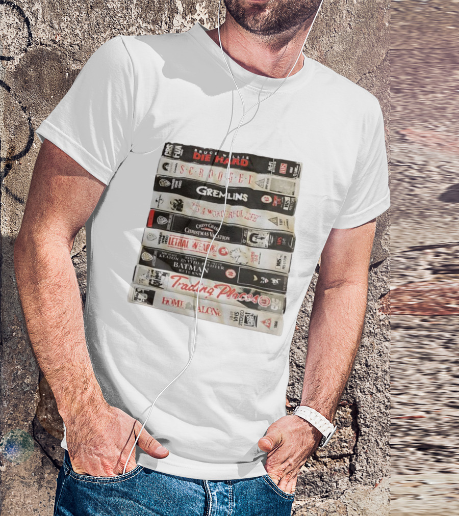 Die Hard Scrooged Gremlins Wonderful Life Christmas Vacation Lethal Weapon Batman Trading Places Home Alone VHS Stack T-Shirt
