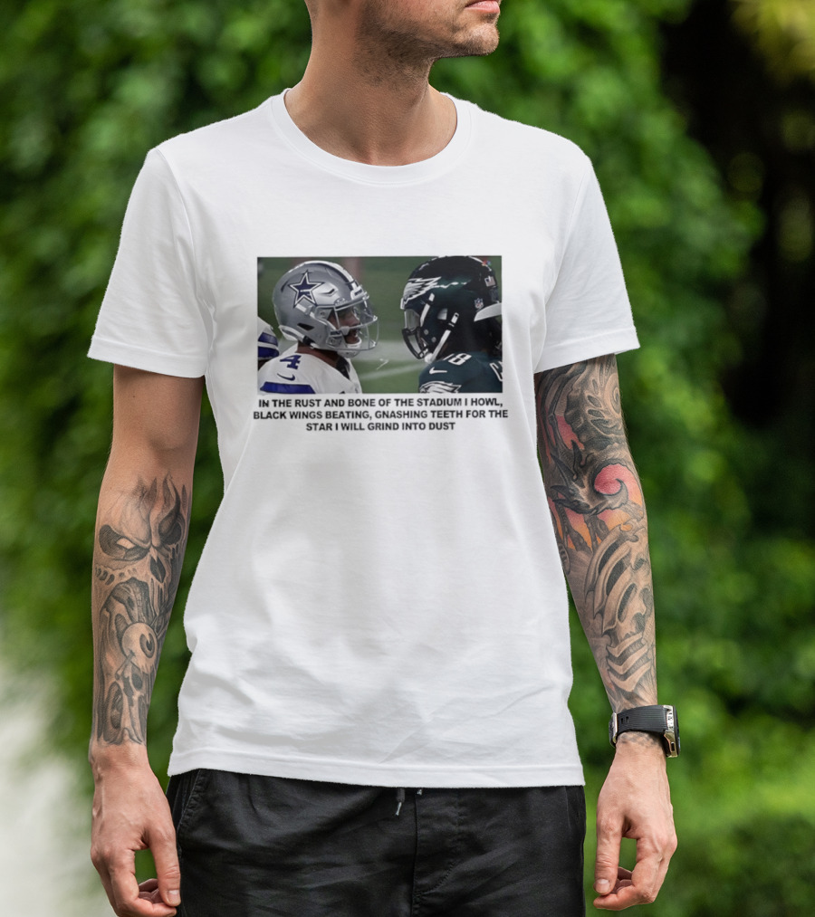 Philadelphia Eagles And Dallas Cowboys Black Wings Beat Fabric Grind Into Dust T-Shirt