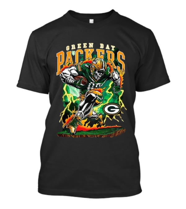 Green Bay Packers Skeleton Player Football Lightning Burst T-Shirt