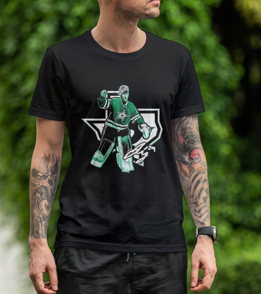 Jake Oettinger Dallas Stars NHL Texas Goalie Iconic Green White Gear T-Shirt