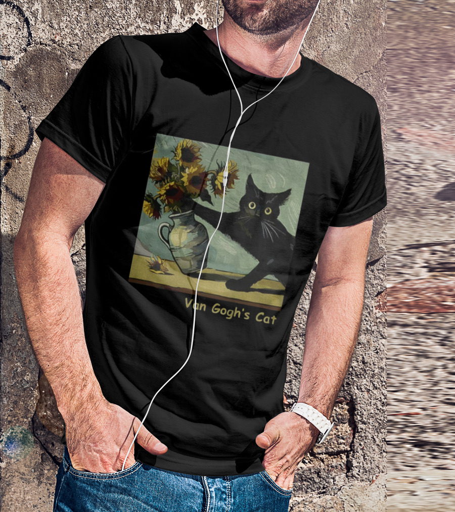 Van Gogh's Cat Sunflowers Funny Art Parody Cat Hugging Vase Painting T-Shirt