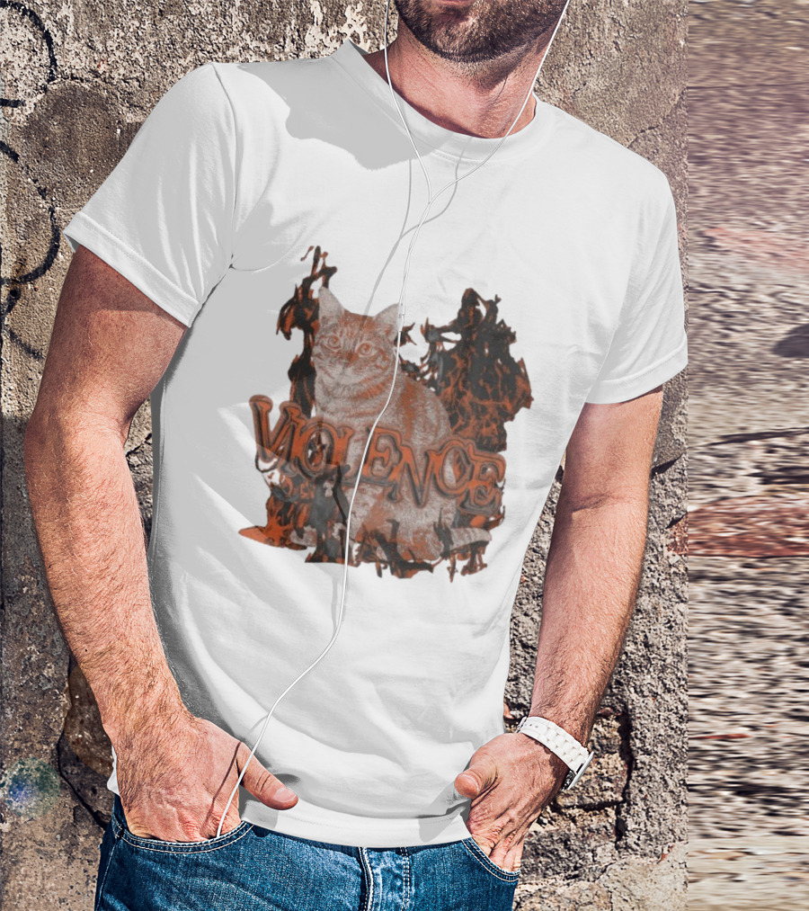 Violence Cat Flames Bold Typography Fiery Graphic T-Shirt