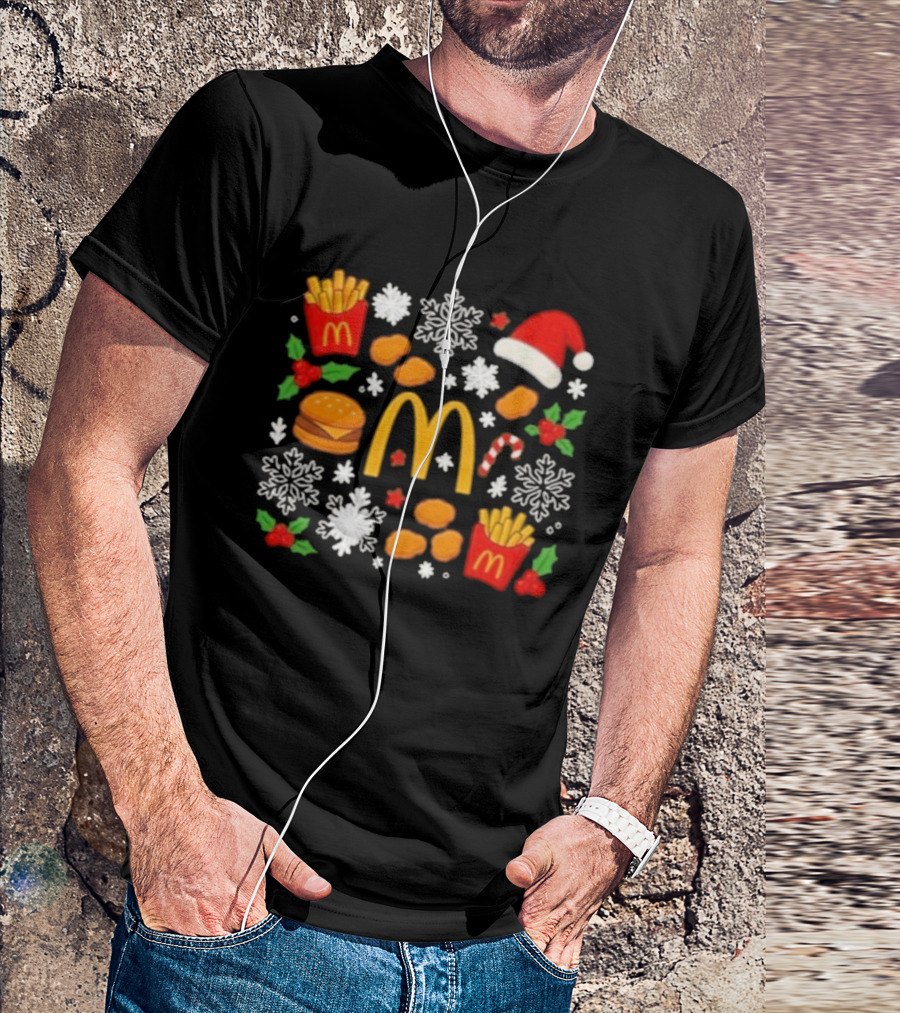 McDonald's Holiday Merry Christmas Fries Nuggets Snowflakes Candy Cane Santa Hat T-Shirt