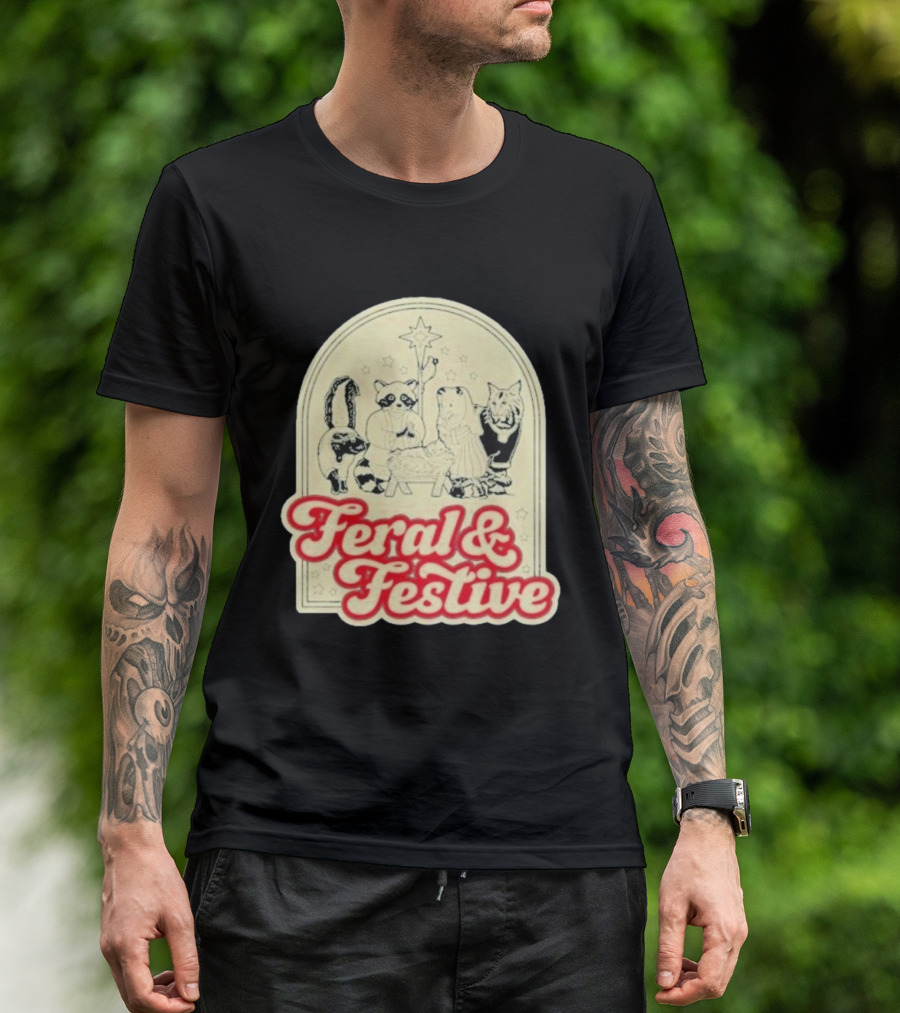 Feral And Festive Animal Nativity Scene Christmas Humor Raccoon Cat Skunk Ensemble T-Shirt