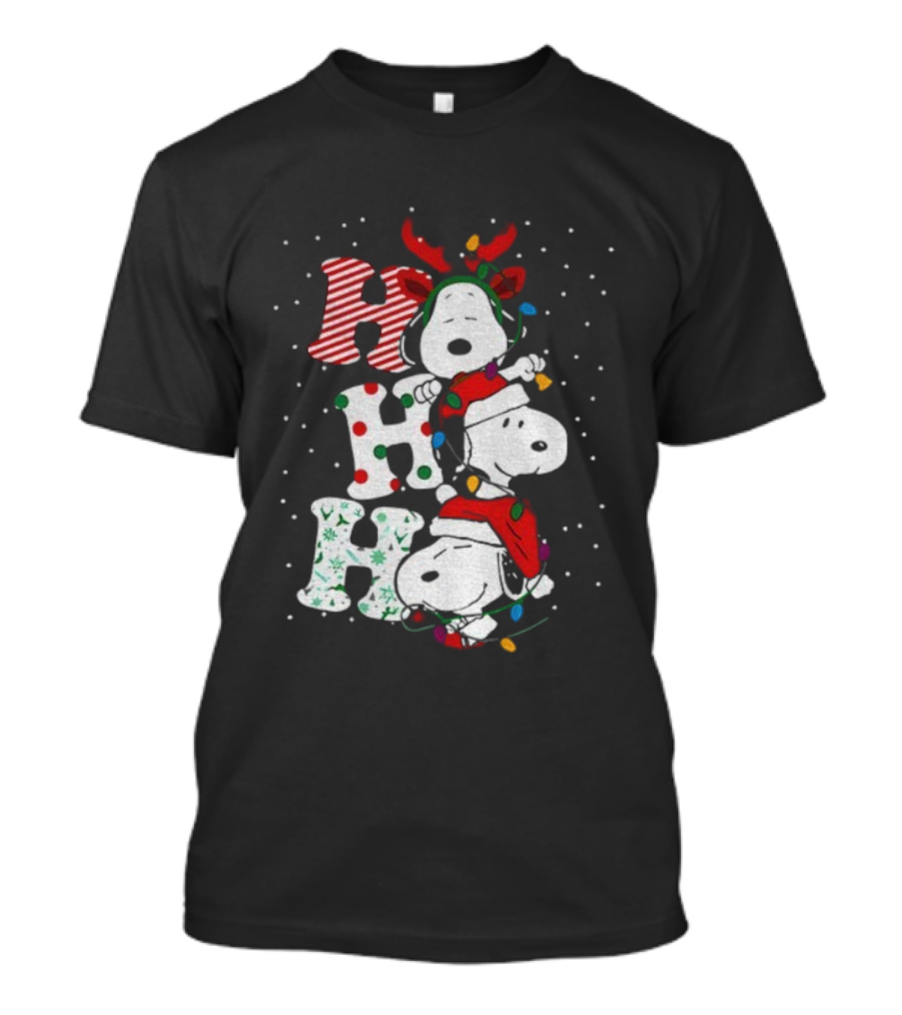 Snoopy Ho Ho Ho Santa Hat Reindeer Antlers Christmas Lights Snowflakes 2025 T-Shirt