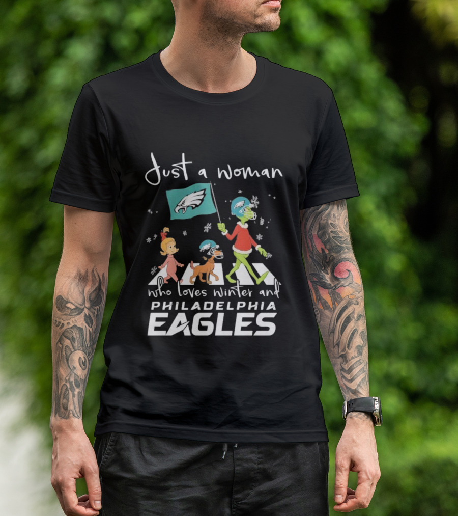 Just A Woman Who Loves Winter Philadelphia Eagles Grinch Cindy Lou Who Max Abbey Road Christmas T-Shirt