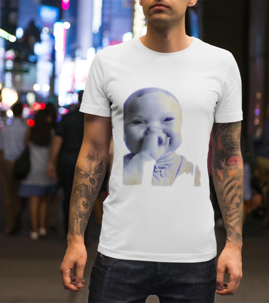 AI Baby Holding Laugh Meme Blue Tones T-Shirt