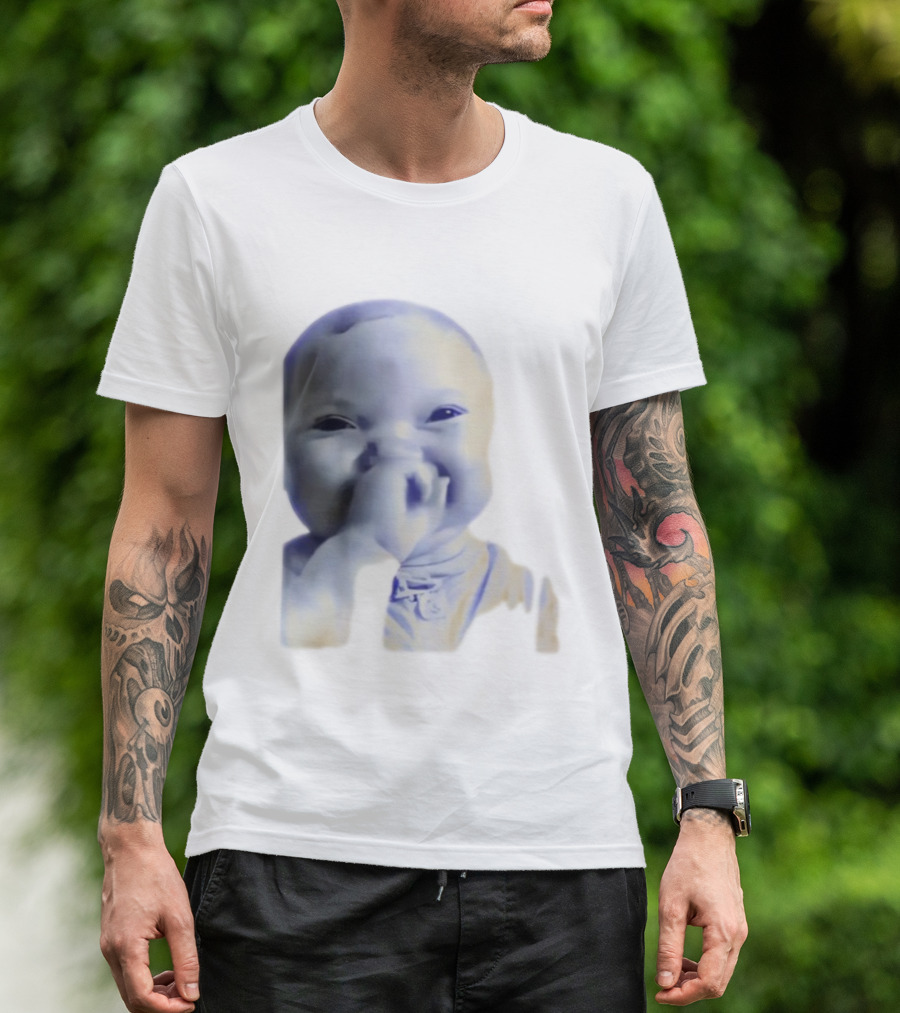 AI Baby Holding Laugh Meme Blue Tones T-Shirt