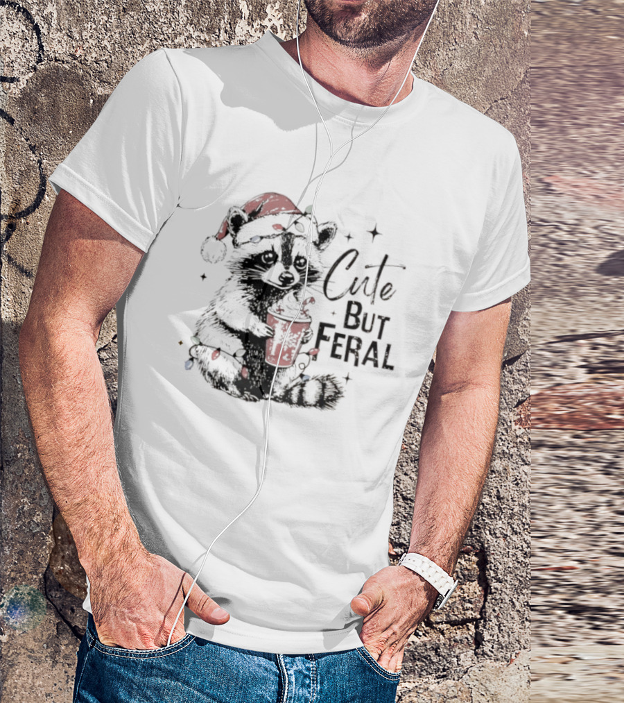 Cute But Feral Christmas Raccoon Santa Hat Lights Hot Cocoa T-Shirt