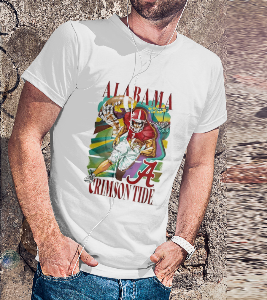 Alabama Crimson Tide Football Player Action Art With Iconic Script A T-Shirt