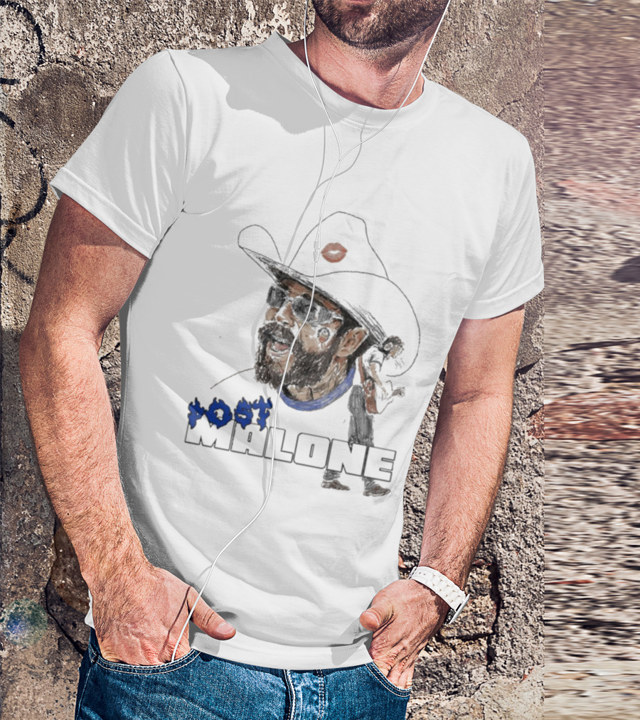 Post Malone Cowboy Hat Blue Flame Portrait T-Shirt