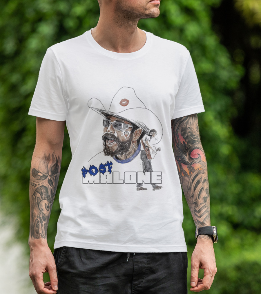 Post Malone Cowboy Hat Blue Flame Portrait T-Shirt
