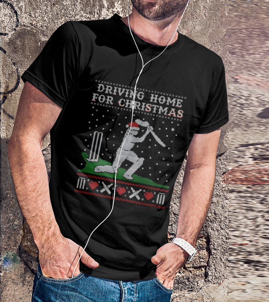 Driving Home For Christmas Cricket Player Santa Hat Snowflakes T-Shirt