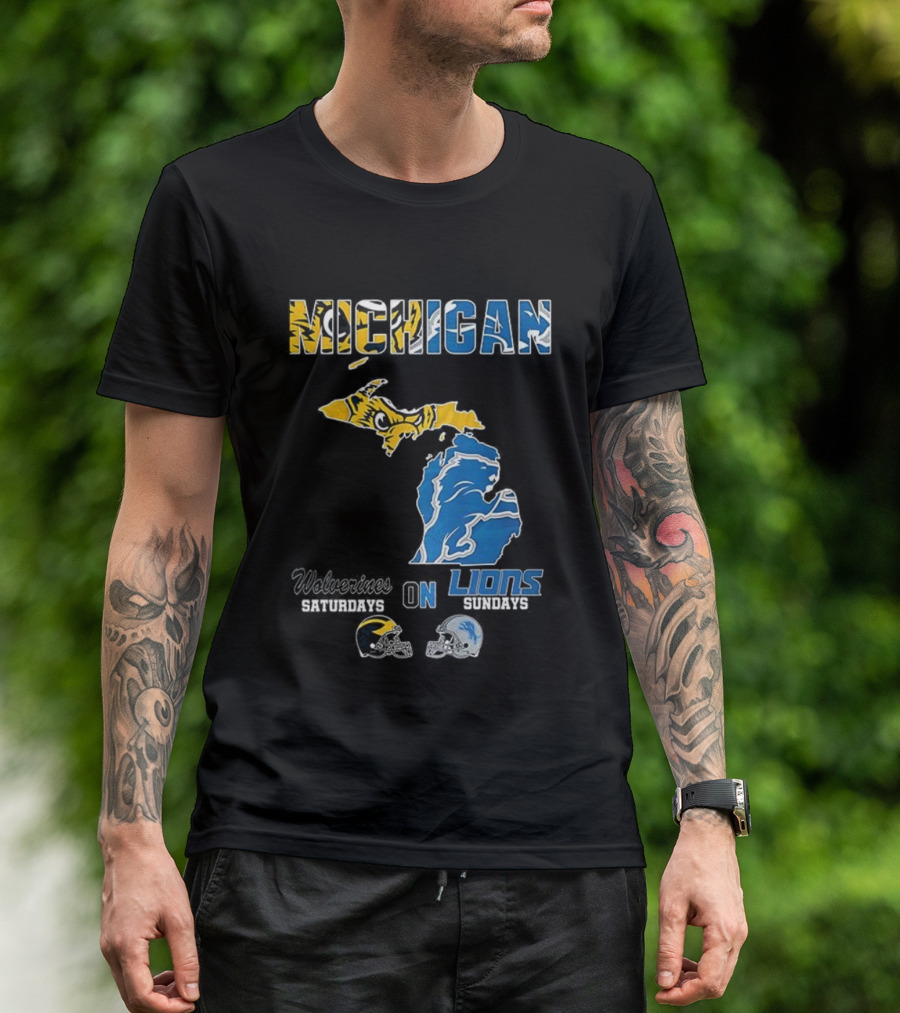 Michigan Wolverines Saturdays Detroit Lions Sundays Map T-Shirt