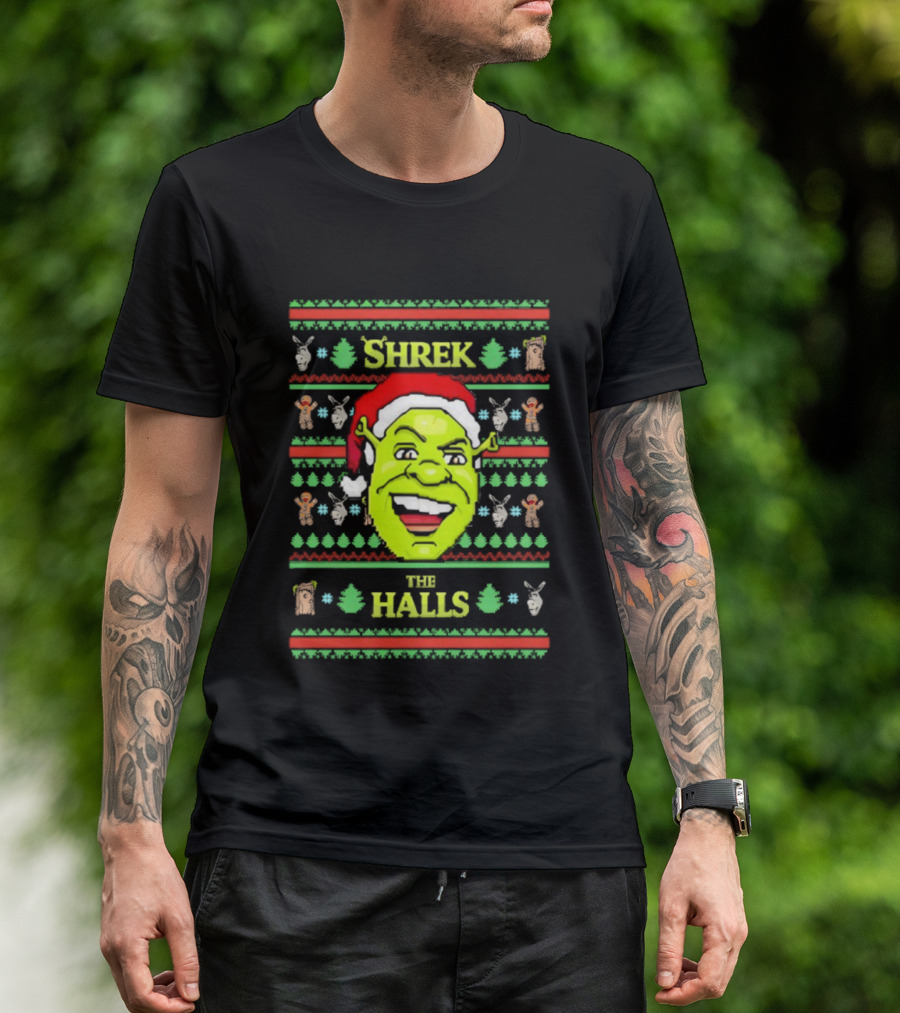 Shrek The Halls Christmas Ugly Sweater Design With Donkey And Santa Hat T-Shirt