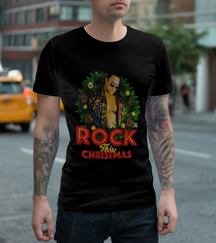WWE The Rock Rock This Christmas Wreath Holiday T-Shirt