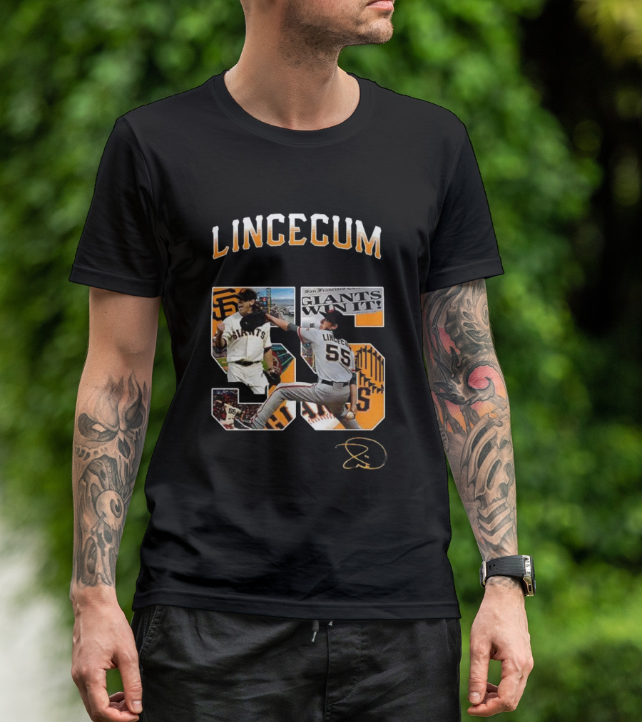 Lincecum Giants Number 55 Giants Win Orange Black Signature T-Shirt