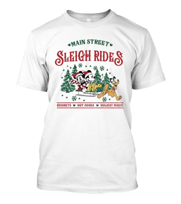 Main Street Sleigh Rides Beignets Hot Cocoa Holiday Magic Disney Christmas Mickey Minnie Pluto T-Shirt