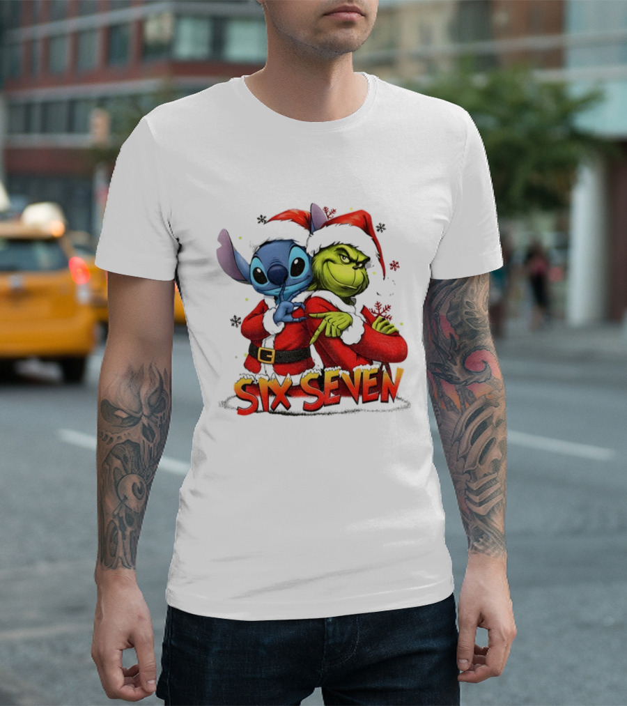 Stitch Grinch Santa Hat Six Seven Christmas Meme T-Shirt