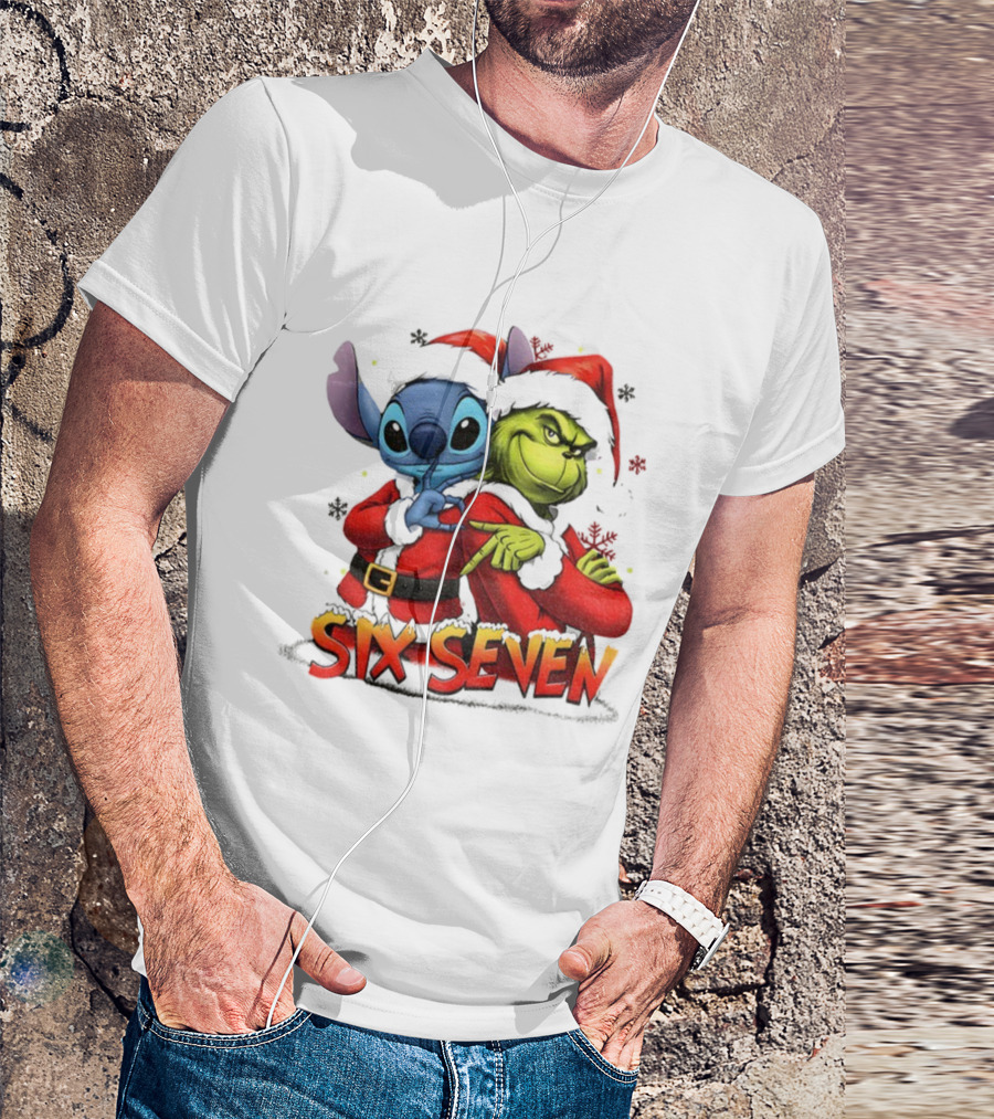 Stitch Grinch Santa Hat Six Seven Christmas Meme T-Shirt