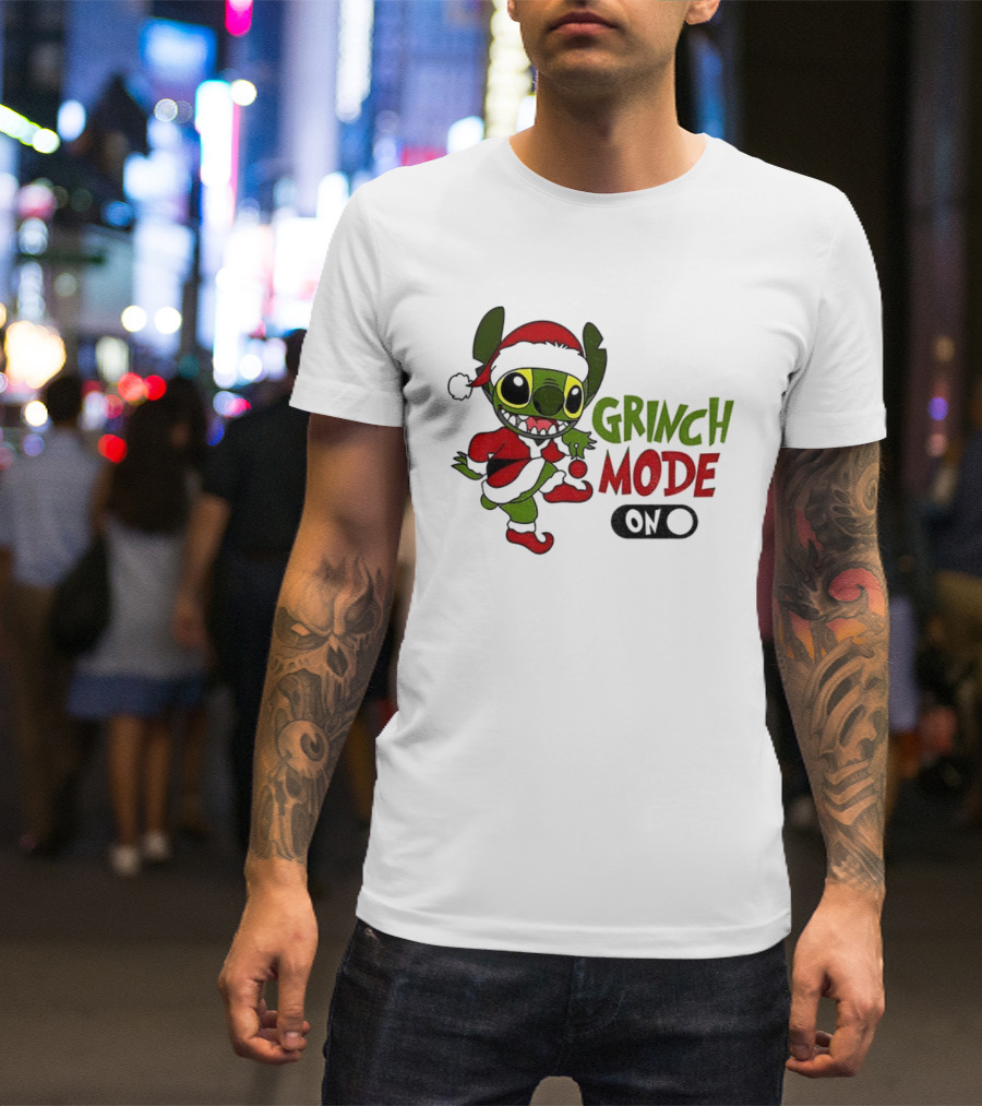 Stitch Grinch Santa Grinch Mode Merry Christmas Turn On T-Shirt