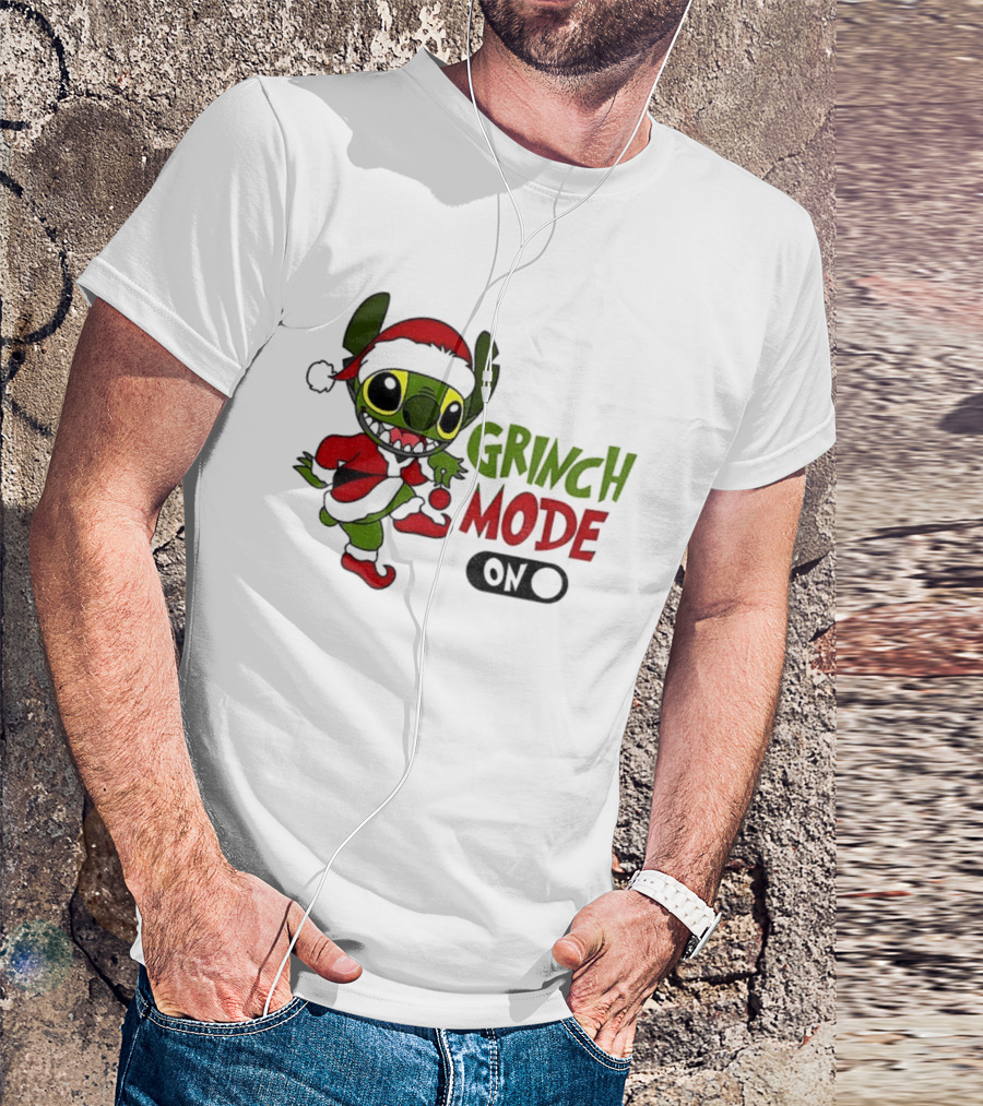 Stitch Grinch Santa Grinch Mode Merry Christmas Turn On T-Shirt
