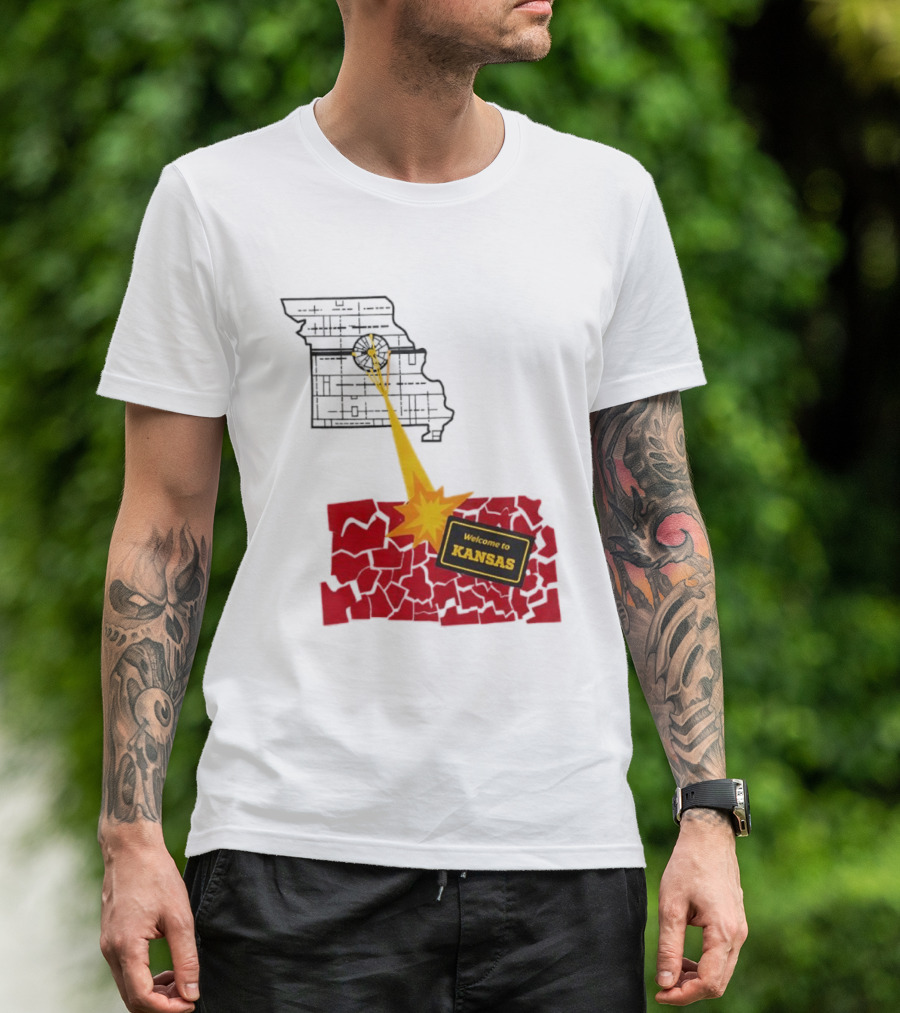 Missouri Map Blast Welcome To Kansas Sign Explosion T-Shirt