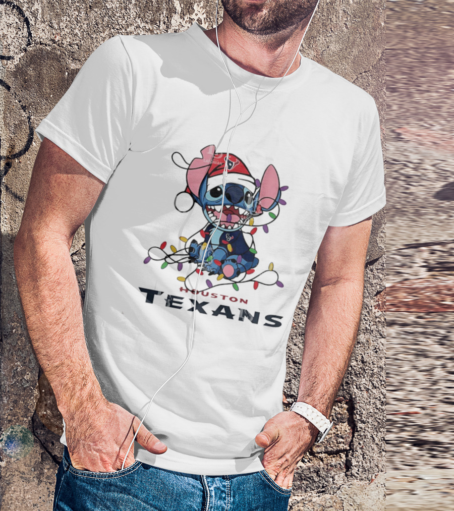 Houston Texans Stitch Christmas Lights Ornament Anime Fan Art T-Shirt