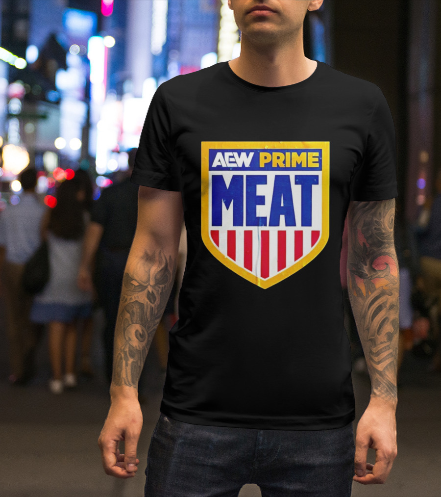 AEW Prime Meat Shield Bold Lettering And Stripes T-Shirt