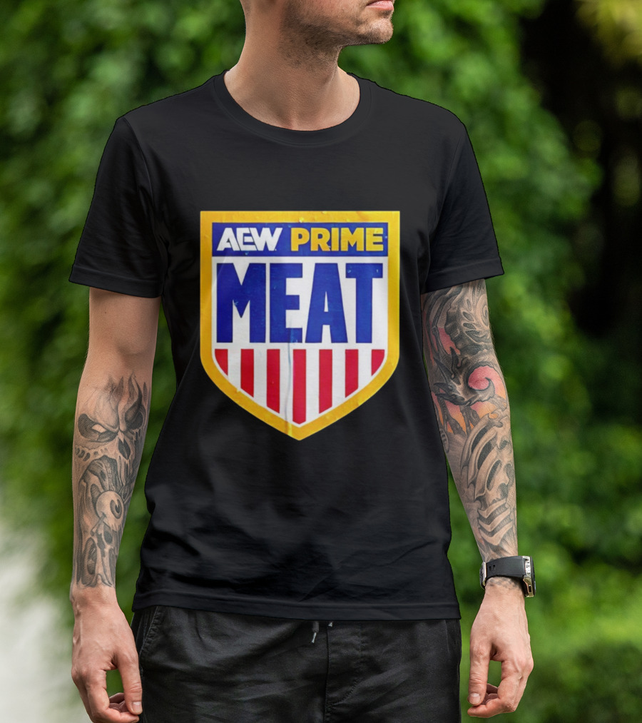 AEW Prime Meat Shield Bold Lettering And Stripes T-Shirt