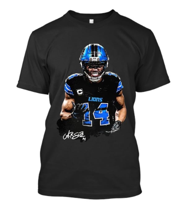 Amon-Ra St. Brown Lions Number 14 Signature Detroit Football T-Shirt