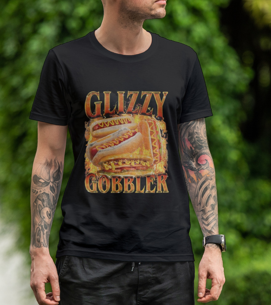 Glizzy Gobbler Faded Hot Dog Funny Meme Fire Burst T-Shirt