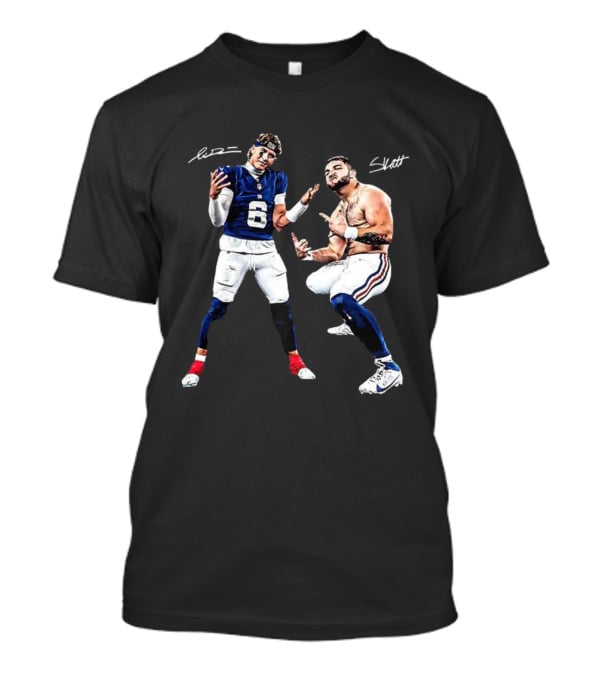 Jaxson Dart Cam Skattebo New York Giants Aura Signature Football T-Shirt