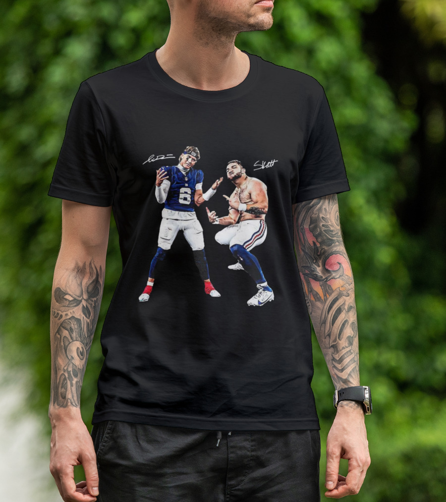 Jaxson Dart Cam Skattebo New York Giants Aura Signature Football T-Shirt