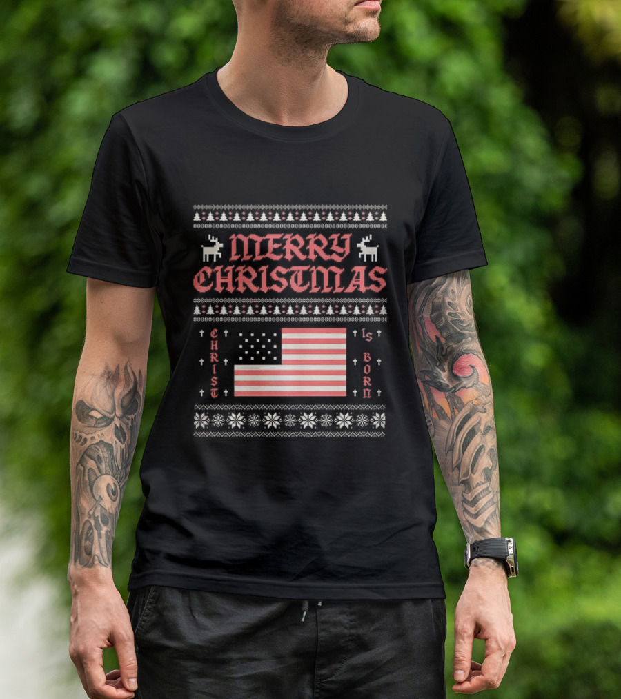 Merry Christmas 2025 Christ Is Born Ugly Pixel American Flag T-Shirt