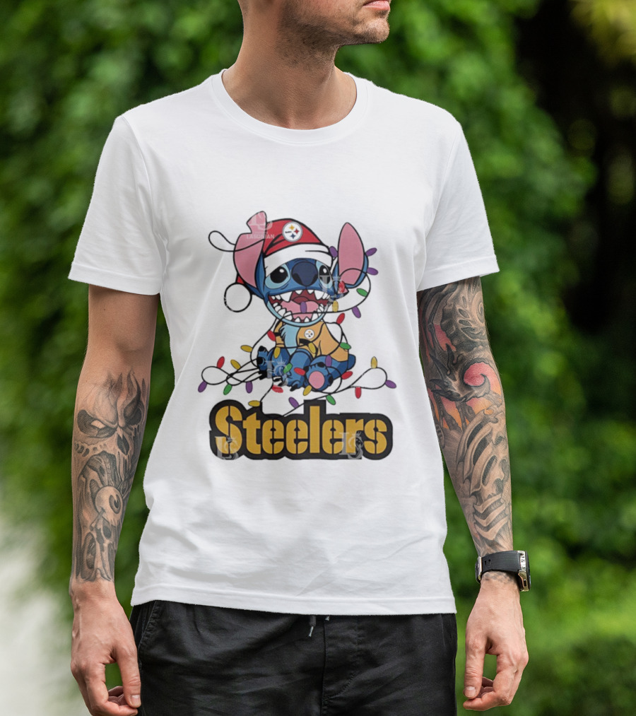 Steelers Stitch Christmas Lights Ornament T-Shirt