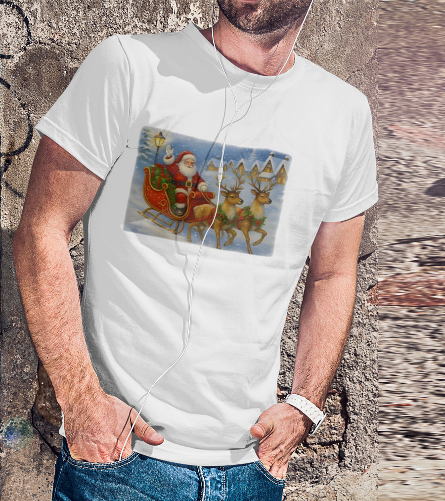 Santa Sleigh Reindeer Snowy Christmas Scene T-Shirt