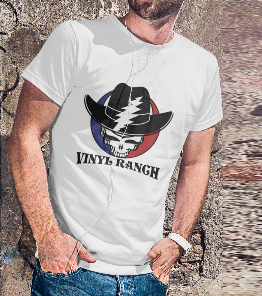 Vinyl Ranch Steal Your Face Skull Cowboy Hat Lightning Circle T-Shirt