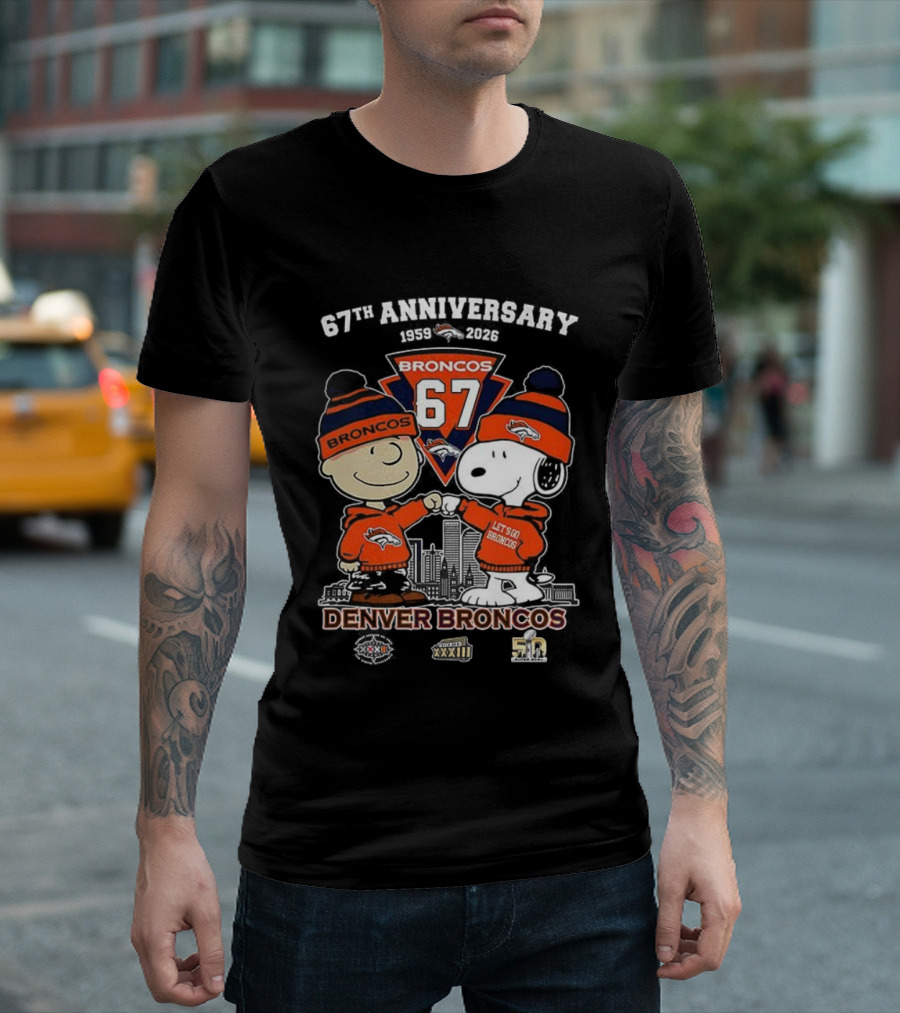Charlie Brown Snoopy Denver Broncos 67th Anniversary 1959-2026 T-Shirt